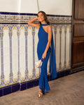 VESTIDO ALHAMBRA | Vestido Midi Azul Asimétrico con Fular | Invitadas THE-ARE