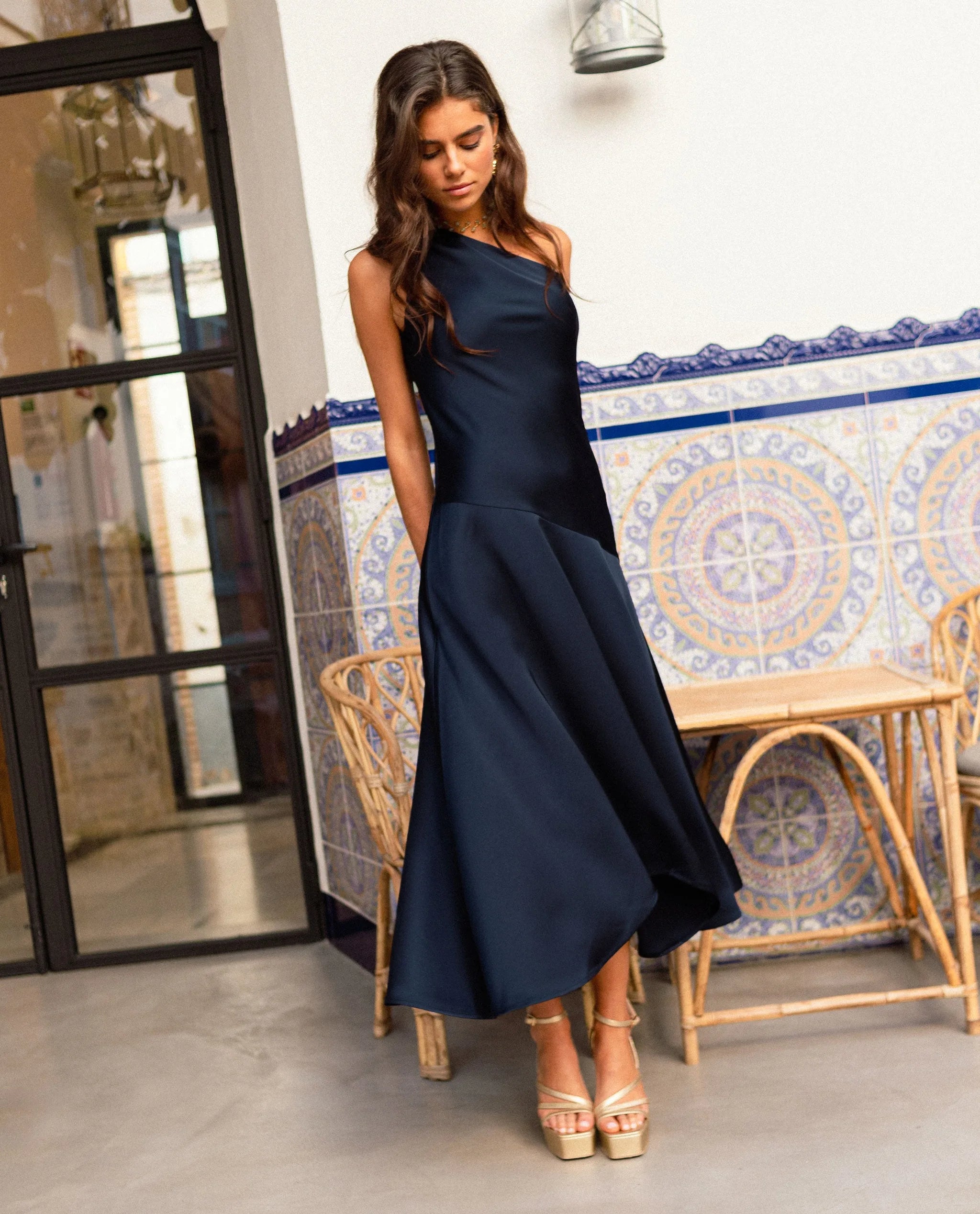 asymmetrical neckline formal dress Cocktail formal dress with attachable skirt and asymmetrical neckline