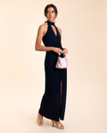 VESTIDO OLIVARES | Vestido Midi Azul Marino Elegante Halter con Fruncido para Invitadas