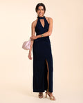 VESTIDO OLIVARES | Vestido Midi Azul Marino Elegante Halter con Fruncido para Invitadas