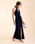VESTIDO OLIVARES | Vestido Midi Azul Marino Elegante Halter con Fruncido para Invitadas