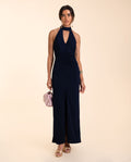 VESTIDO OLIVARES | Vestido Midi Azul Marino Elegante Halter con Fruncido para Invitadas
