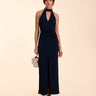VESTIDO OLIVARES | Vestido Midi Azul Marino Elegante Halter con Fruncido para Invitadas