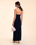 VESTIDO OLIVARES | Vestido Midi Azul Marino Elegante Halter con Fruncido para Invitadas