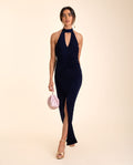 VESTIDO OLIVARES | Vestido Midi Azul Marino Elegante Halter con Fruncido para Invitadas