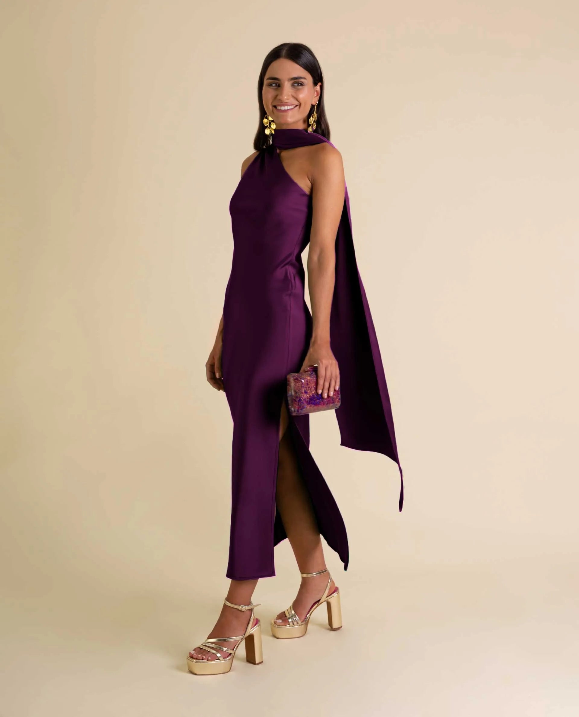 Asymmetrical Plum Midi Dress with Neck Tie | THE-ARE Guests Asymmetrical Plum Midi Dress with Neck Tie | THE-ARE Guests