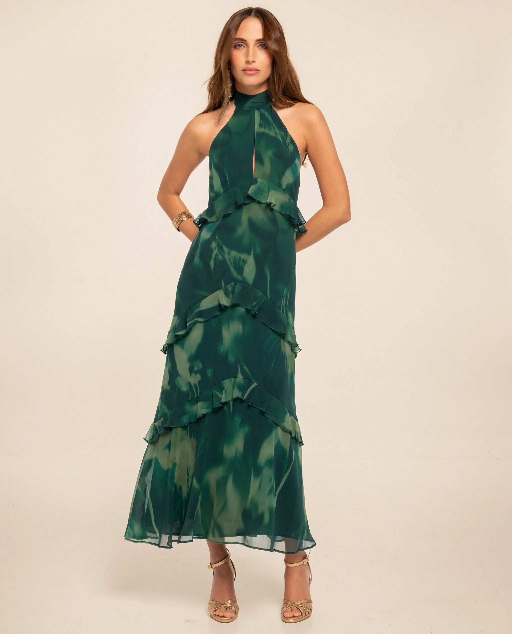 Halter midi dress in chiffon with ruffles | THE-ARE Guest Halter midi dress in chiffon with ruffles | THE-ARE Guest