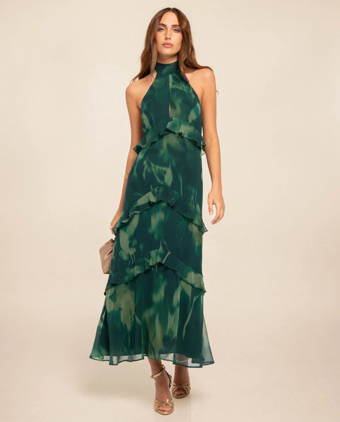 Halter midi dress in chiffon with ruffles | THE-ARE Guest Halter midi dress in chiffon with ruffles | THE-ARE Guest