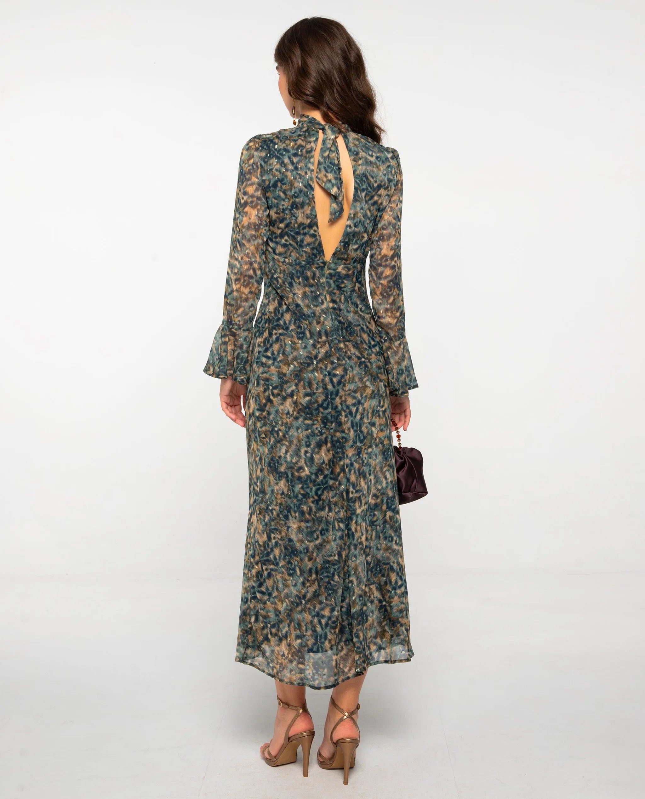 Printed midi dress with V-neck and halter neck tie