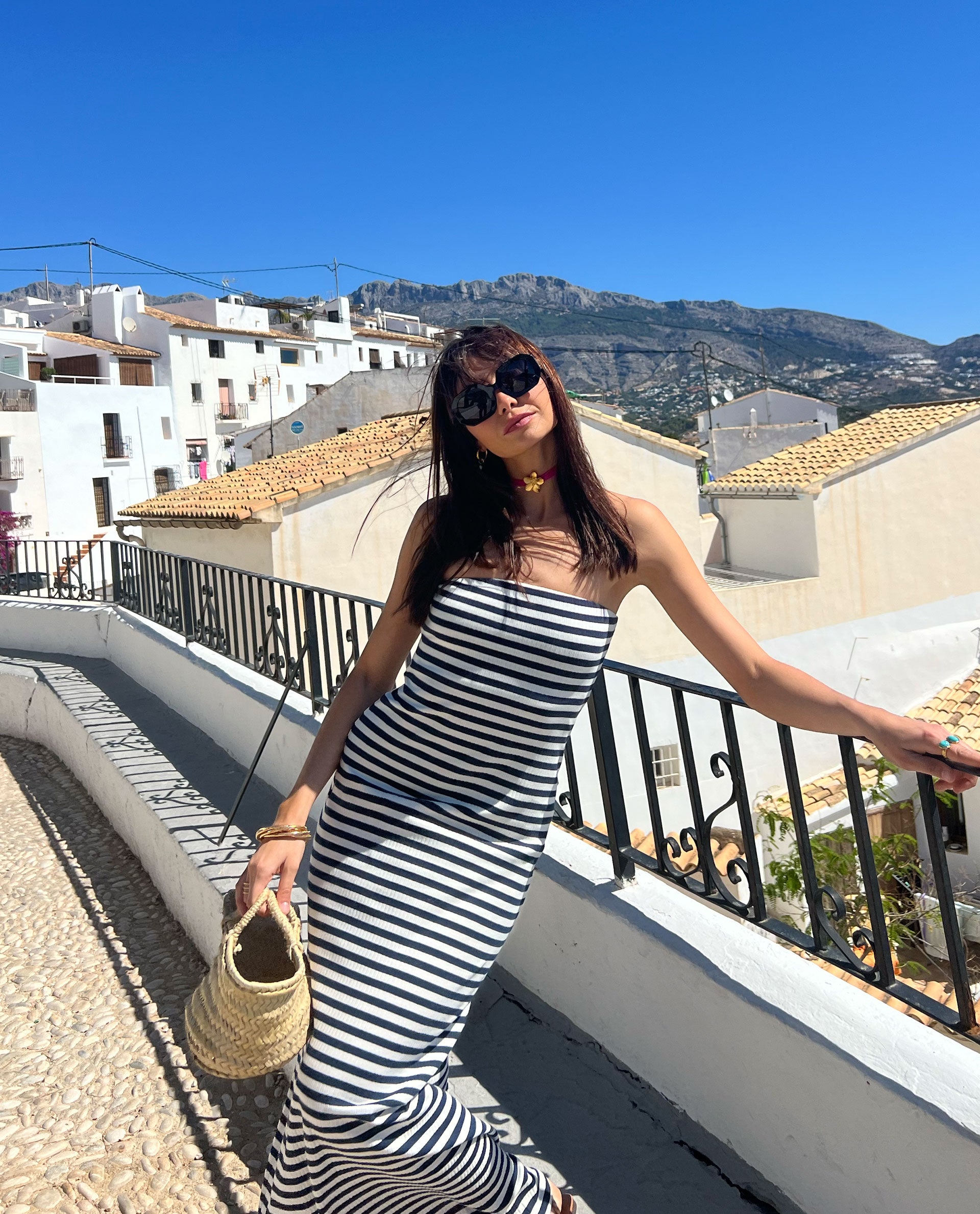 Navy Blue Striped Strapless Midi Dress