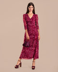 Vestido Midi Manga Larga Escote en Pico Estampado Rosas | Invitadas THE-ARE