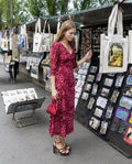 Vestido Midi Manga Larga Escote en Pico Estampado Rosas | Invitadas THE-ARE