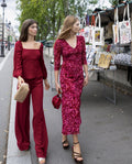 Vestido Midi Manga Larga Escote en Pico Estampado Rosas | Invitadas THE-ARE