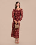 Vestido Midi Manga Larga Palabra de Honor Estampado Flores Rojo | Invitadas THE-ARE