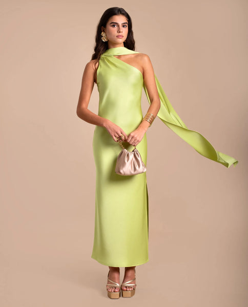 chinese dress ladies Asymmetrical Lime Green Midi Dress with Neck Tie
