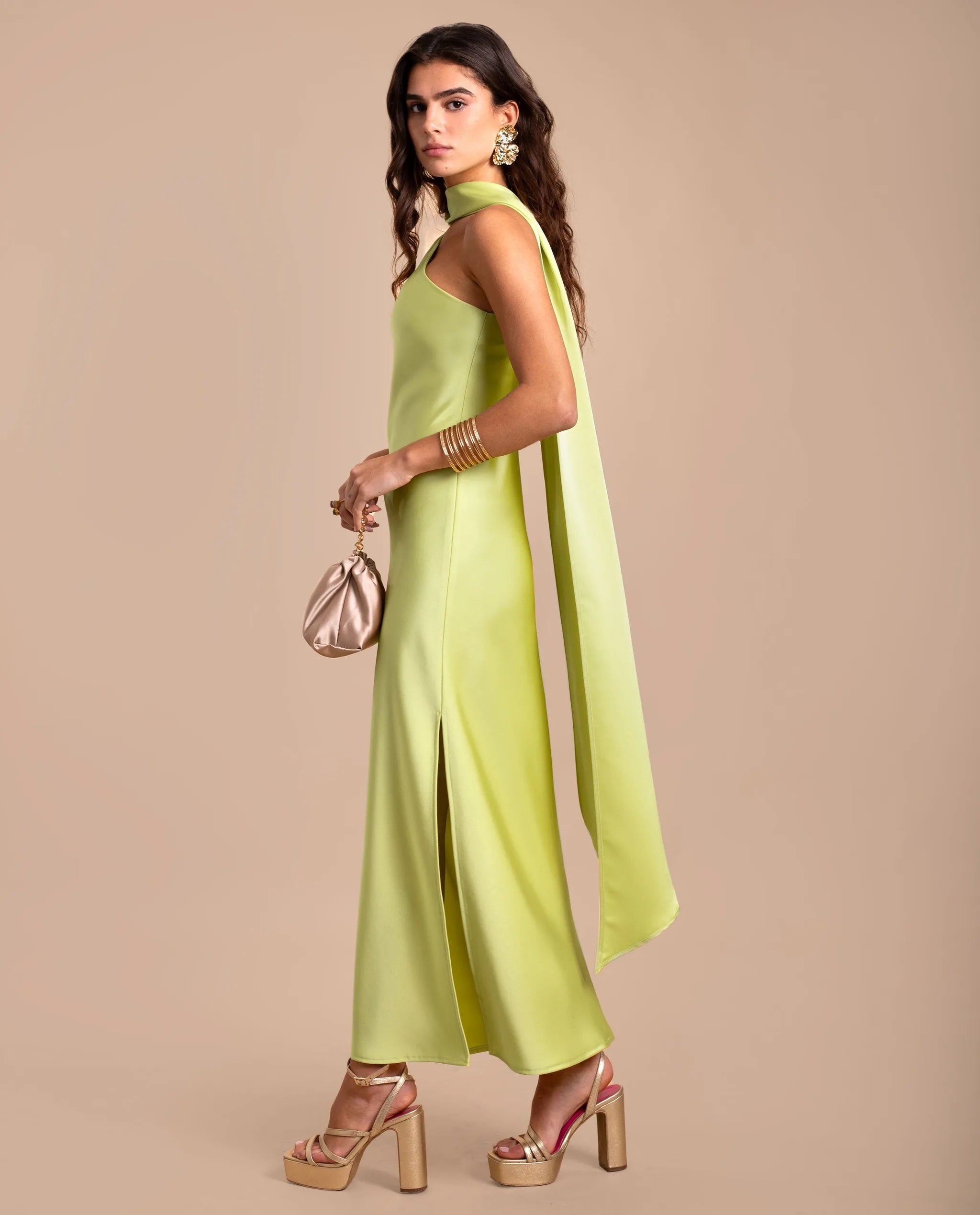 Asymmetrical Lime Green Midi Dress with Neck Tie