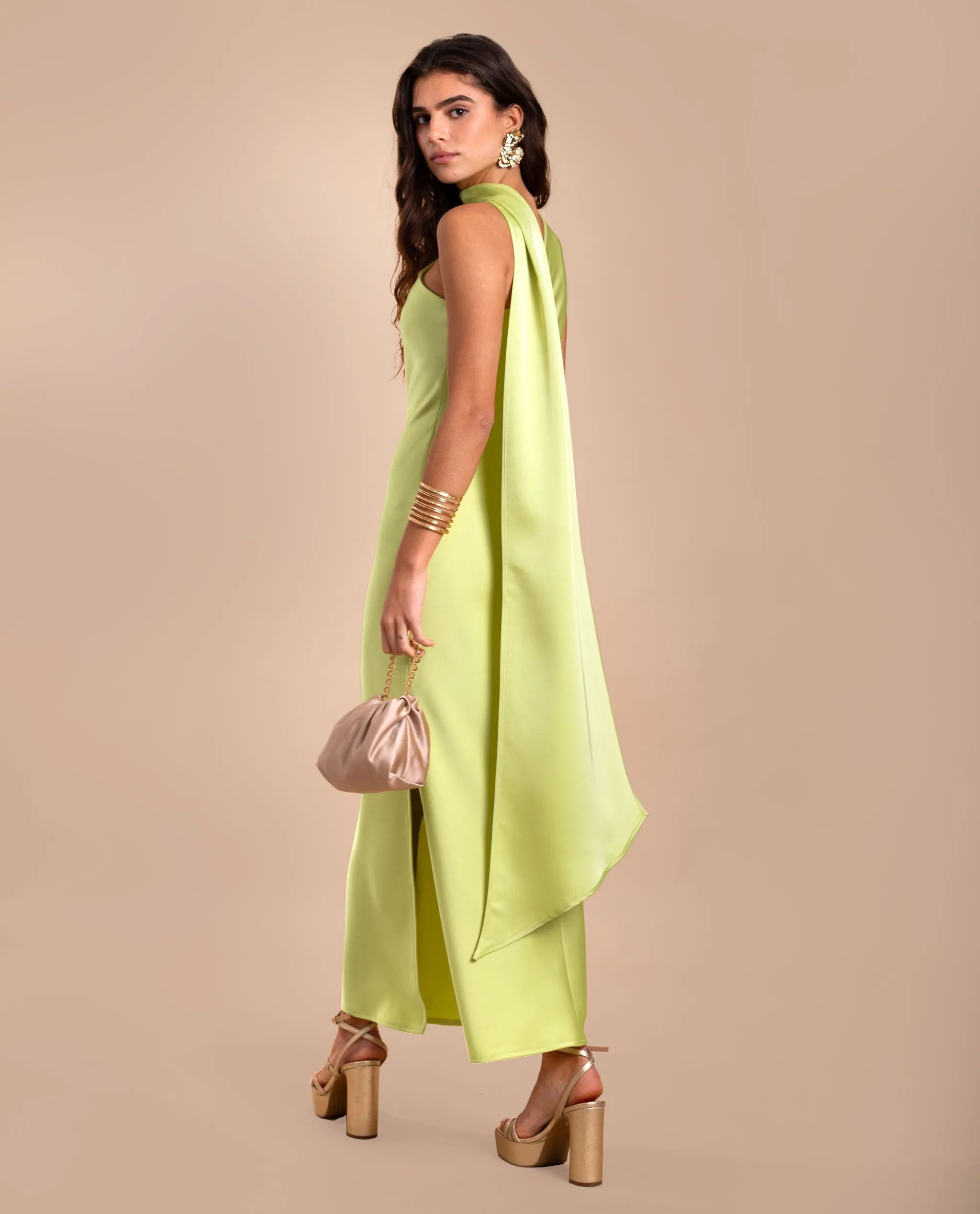 Asymmetrical Lime Green Midi Dress with Neck Tie | THE-ARE Guests Asymmetrical Lime Green Midi Dress with Neck Tie | THE-ARE Guests