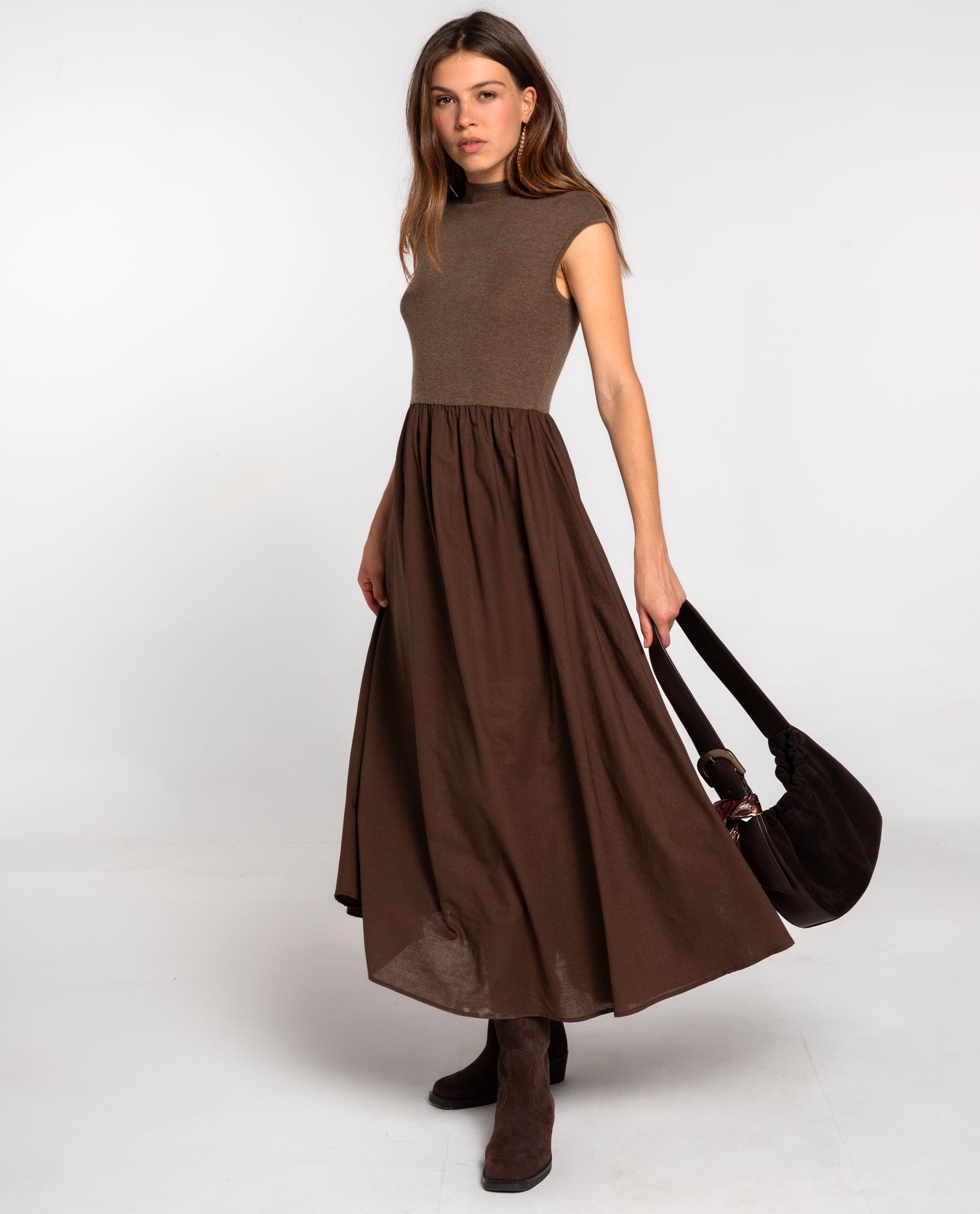 Brown midi dress with knit bodice