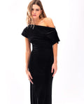 Vestido Negro Terciopelo Midi Escote Asimétrico con Manga Corta | Fiesta Navidad THE-ARE