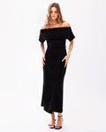 Vestido Negro Terciopelo Midi Escote Asimétrico con Manga Corta | Fiesta Navidad THE-ARE