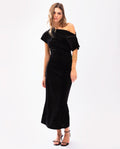 Vestido Negro Terciopelo Midi Escote Asimétrico con Manga Corta | Fiesta Navidad THE-ARE