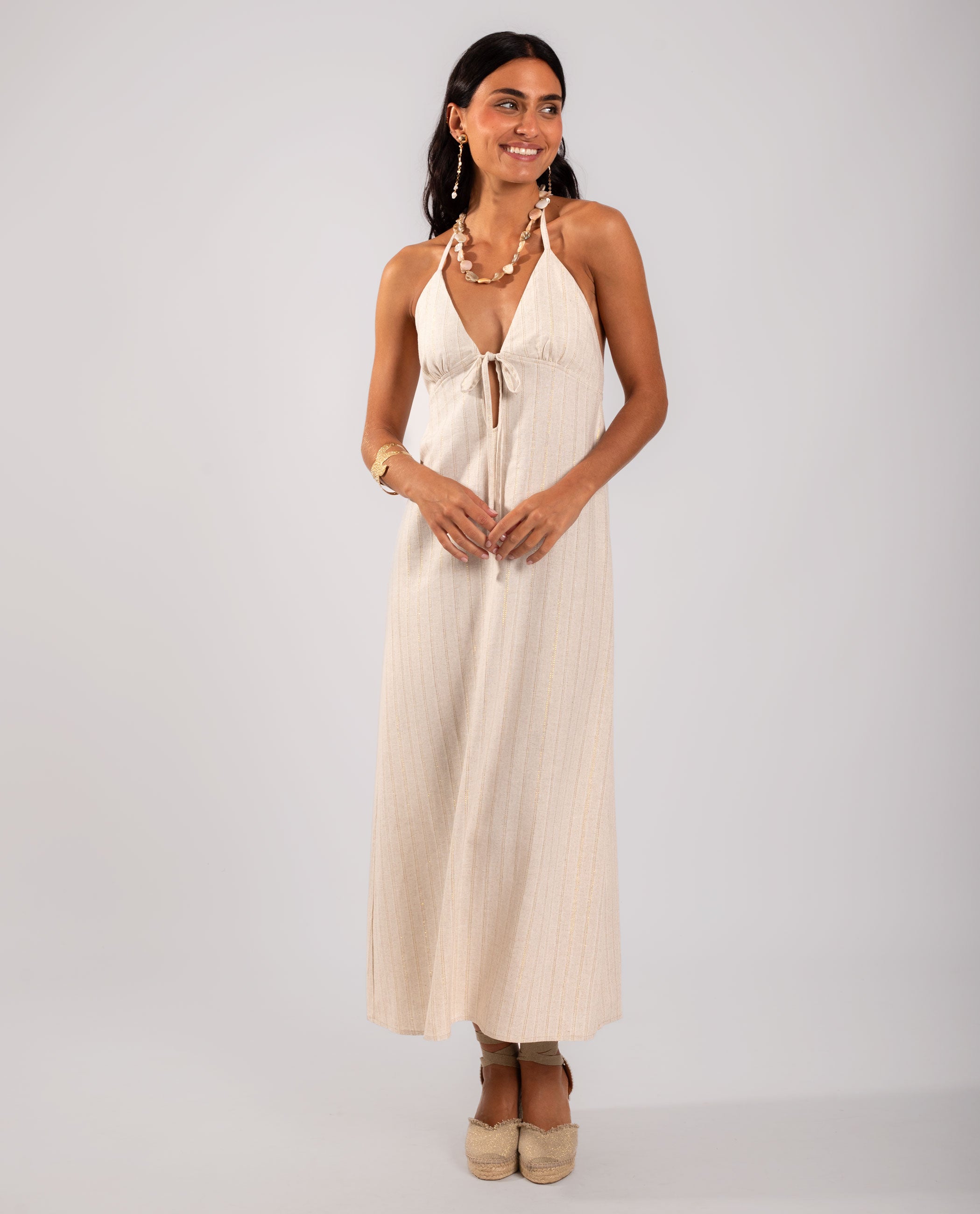 Beige Sparkly Long Halter Neckline Dress