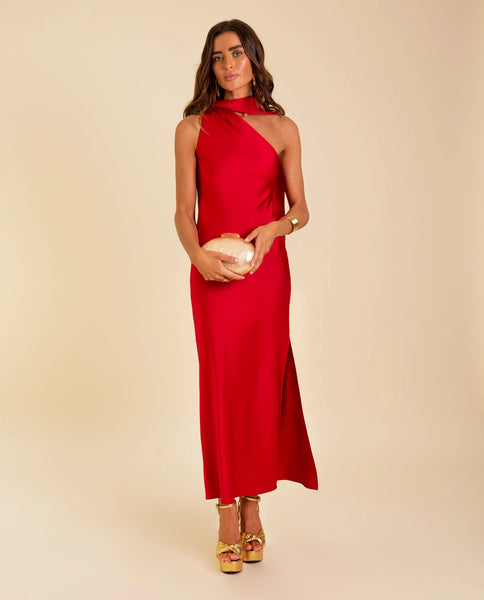 Asymmetrical Red Midi Dress with Neck Tie
