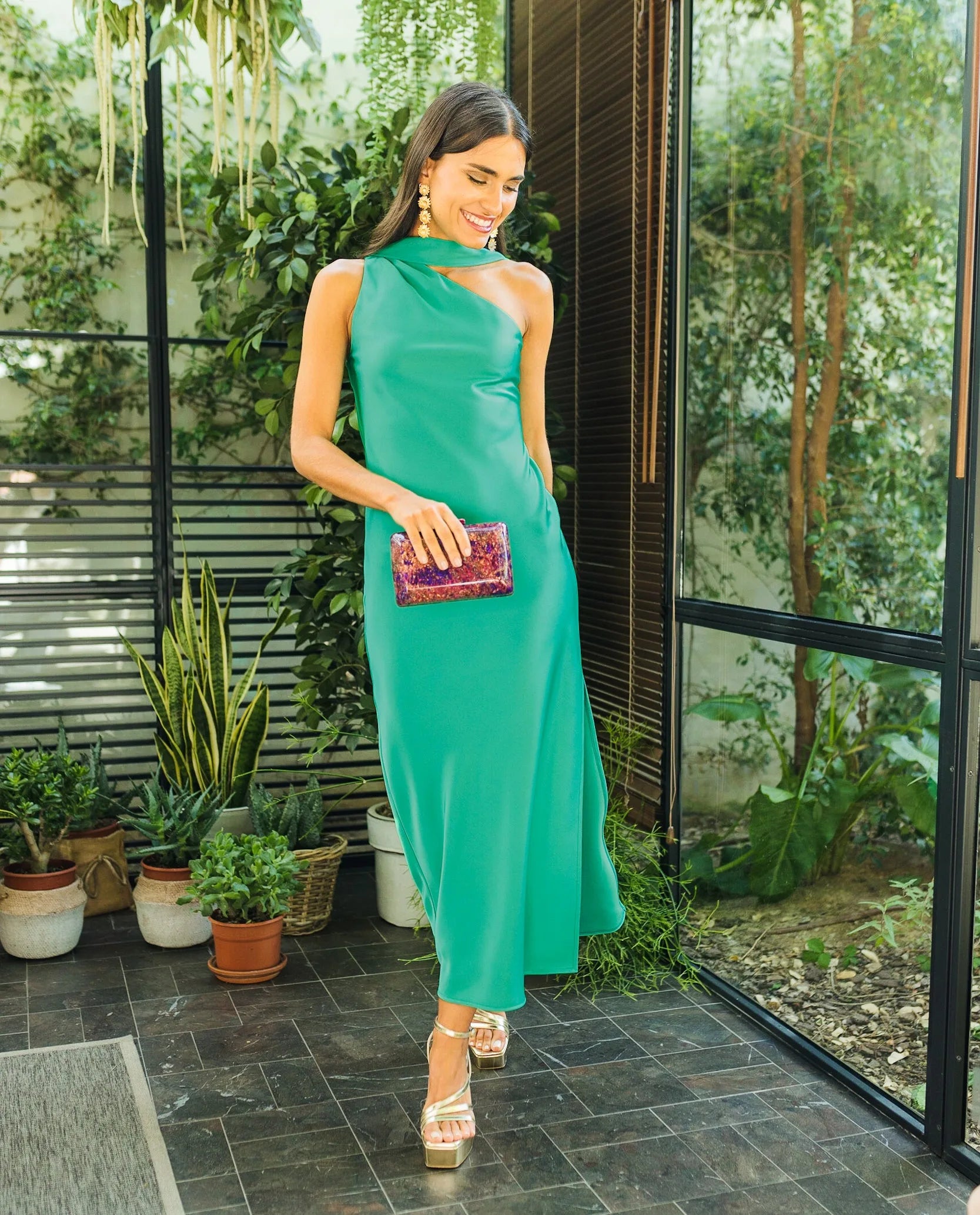 Asymmetrical Green Midi Dress with Neck Tie | THE-ARE Guests Asymmetrical Green Midi Dress with Neck Tie | THE-ARE Guests