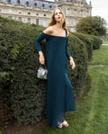 Vestido Verde Midi con Mangas Largas y Escote Palabra de Honor | Invitadas THE-ARE