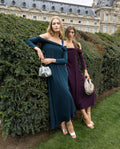 Vestido Verde Midi con Mangas Largas y Escote Palabra de Honor | Invitadas THE-ARE