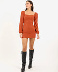VESTIDO DON´T ASK WHY | Vestido Corto Naranja Espalda Entrelazada y Manga Larga | THE-ARE