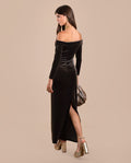 Vestido Largo Terciopelo Marrón Manga Larga y Hombros Descubiertos | Invitadas Invierno THE-ARE
