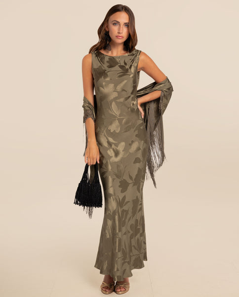 Long green dress with draped back| Guest THE-ARE
