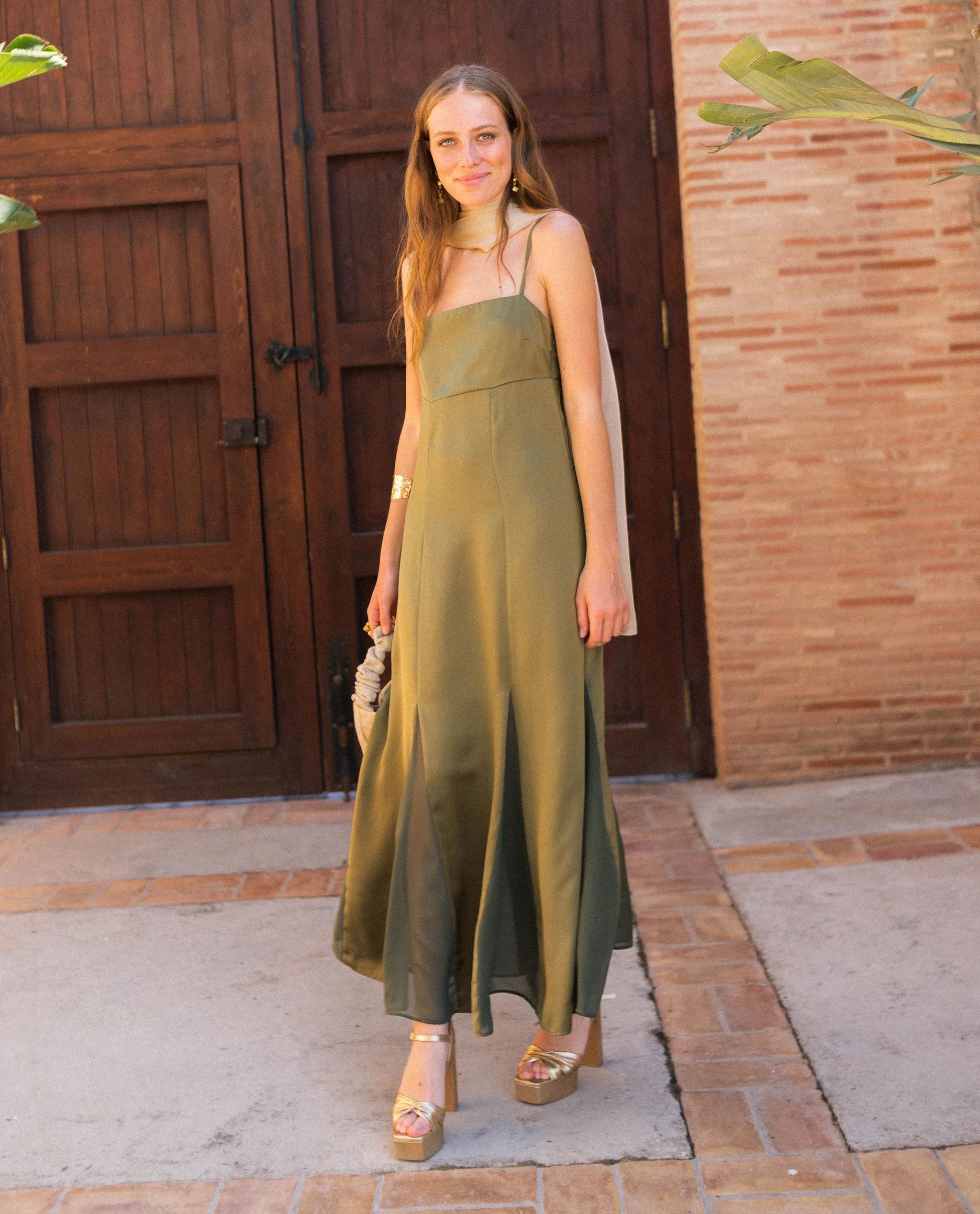green midi wedding guest dress Fluttering Ruffle Green Midi Dress