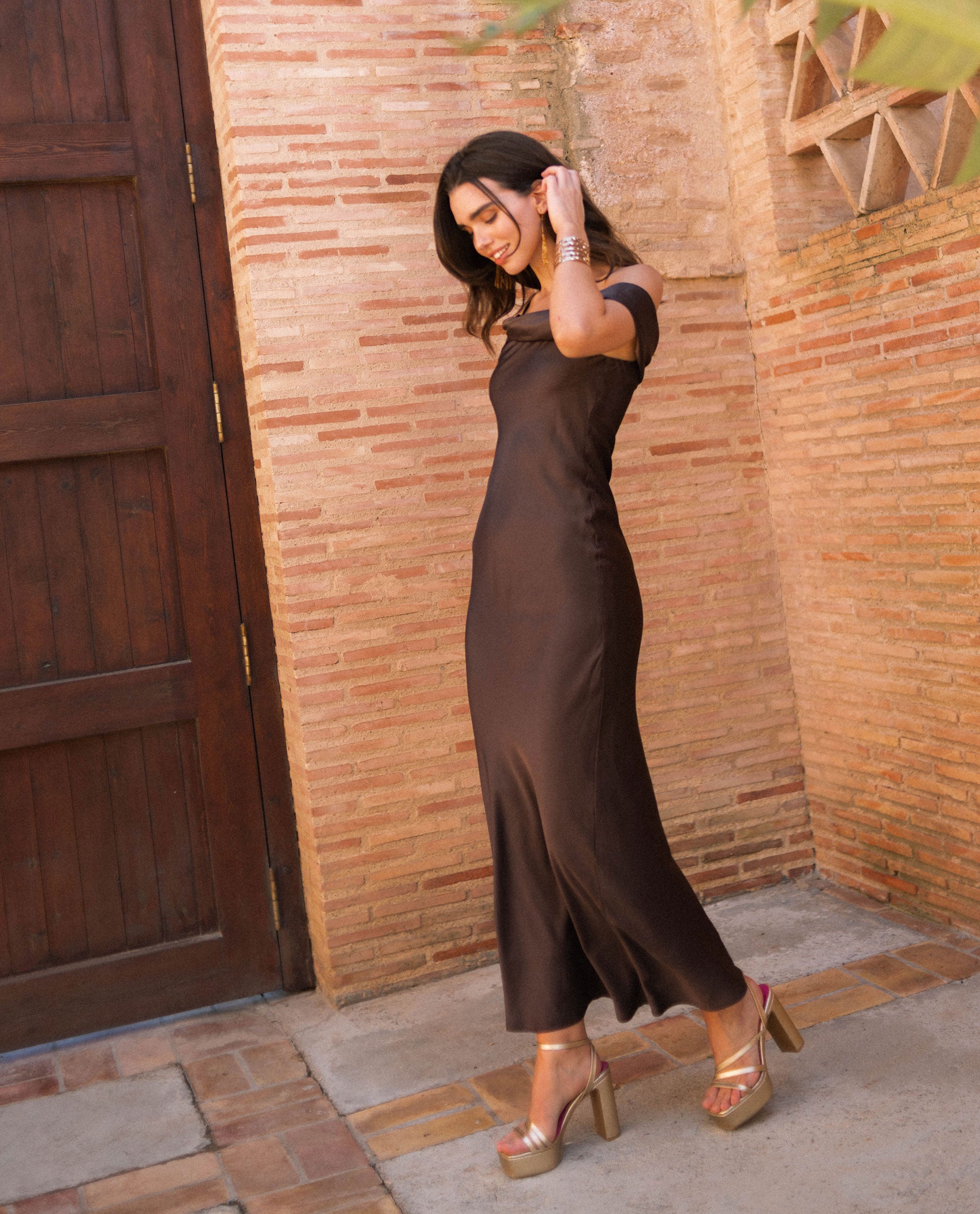 Long Brown Strappy Dress with Draped Neckline