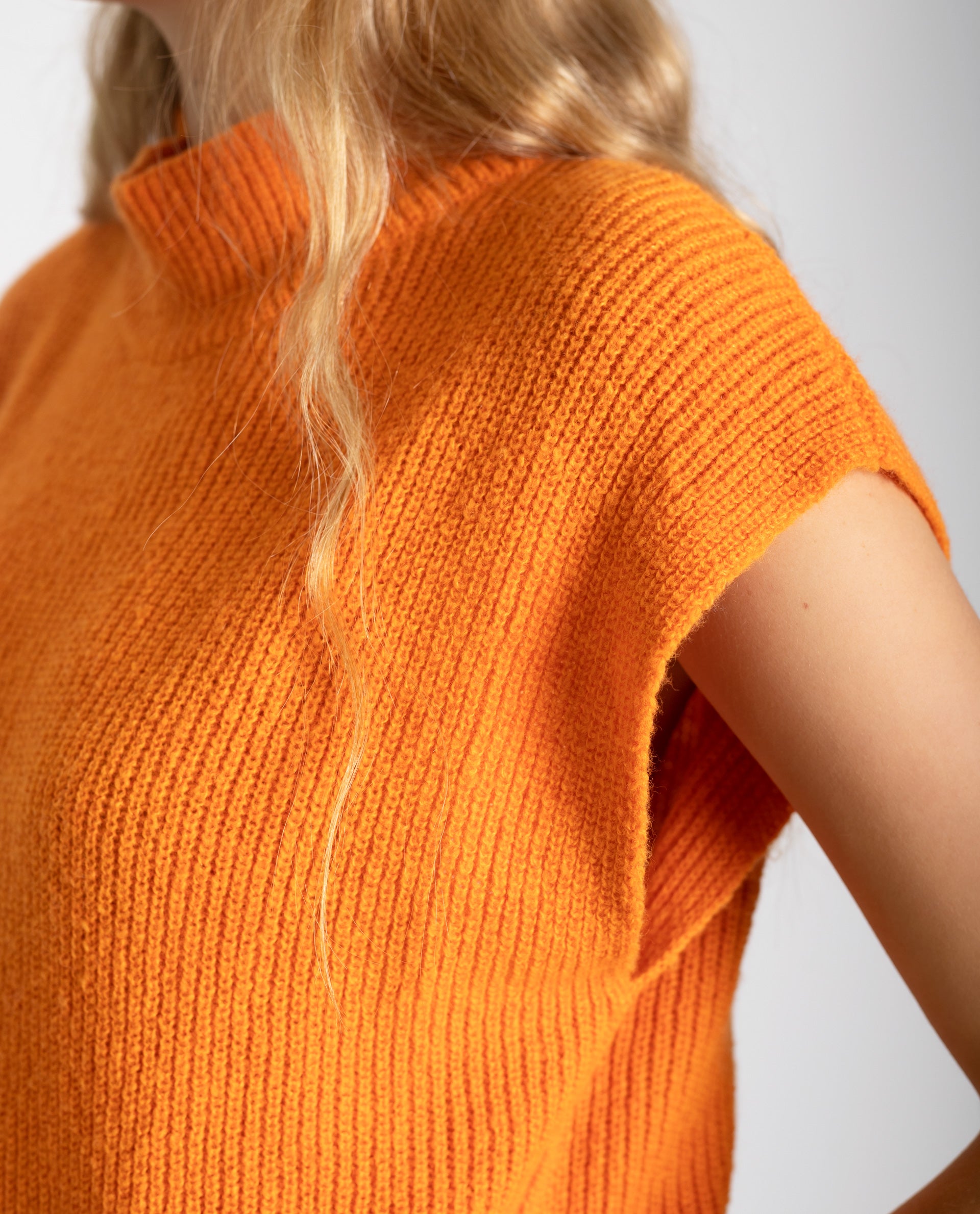 Orange Women's Knitted Vest with Stand-up Collar