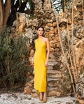 VESTIDO MRS. ABRIL | Vestido Midi Amarillo Asimétrico con Lazada al Cuello | Invitadas THE-ARE