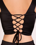 TOP THANK YOU, NEXT | Top Corsé Negro Satinado con Espalda Entrelazada | THE-ARE