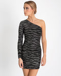 VESTIDO NIGHT LIGHTS | Vestido Corto Plata con Estampado Cebra Negro con Brillo | THE-ARE