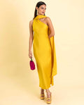VESTIDO MRS. ABRIL | Vestido Midi Amarillo Asimétrico con Lazada al Cuello | Invitadas THE-ARE