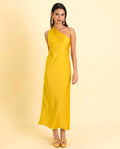 VESTIDO MRS. ABRIL | Vestido Midi Amarillo Asimétrico con Lazada al Cuello | Invitadas THE-ARE