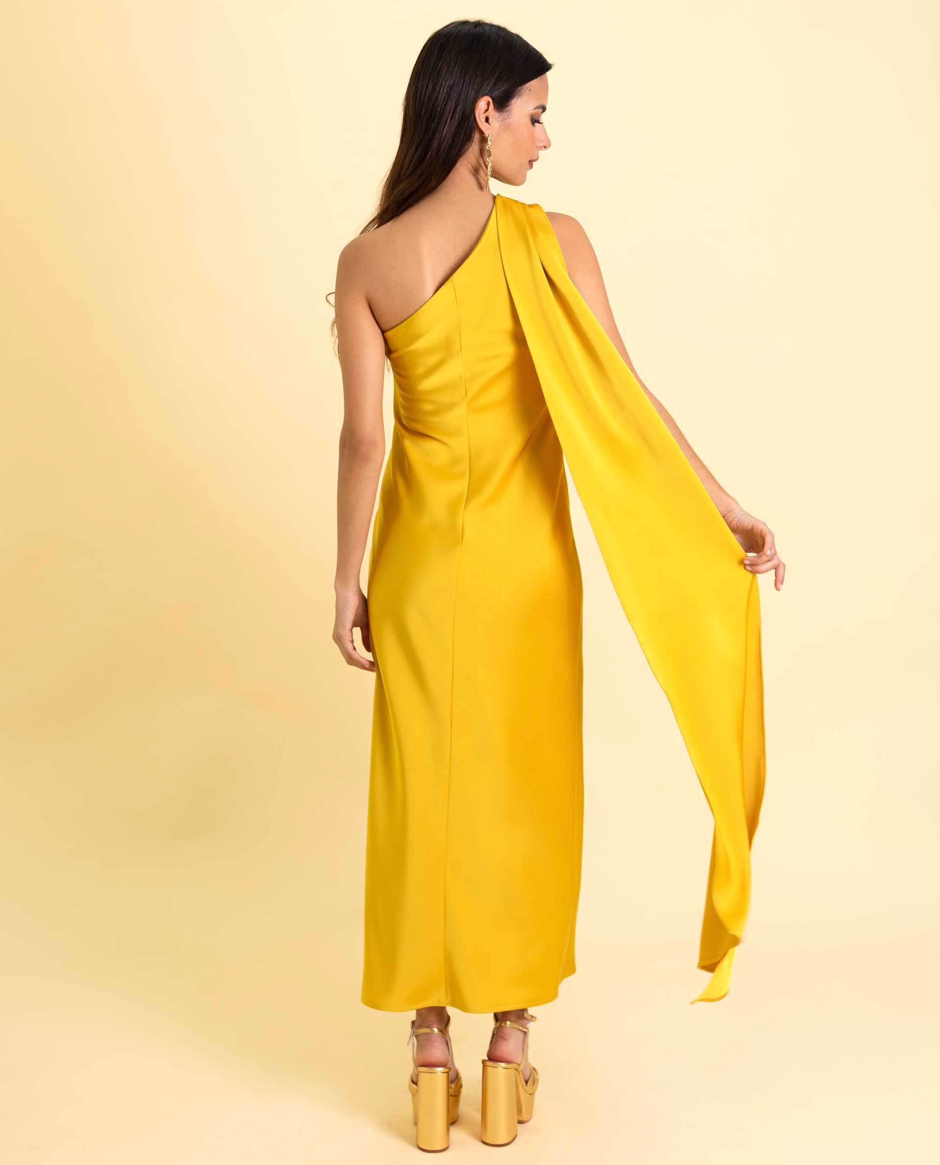Asymmetrical Yellow Midi Dress with Neck Tie