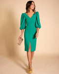 VESTIDO MRS. RHODES | Vestido Midi Verde Escote en Pico | Colección Invitadas THE-ARE