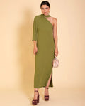 VESTIDO MRS. DE ROJAS | Vestido longo assimétrico verde-oliva | Eventos de outono THE-ARE