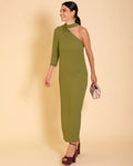 VESTIDO MRS. DE ROJAS | Vestido longo assimétrico verde-oliva | Eventos de outono THE-ARE