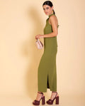 VESTIDO MRS. DE ROJAS | Vestido longo assimétrico verde-oliva | Eventos de outono THE-ARE